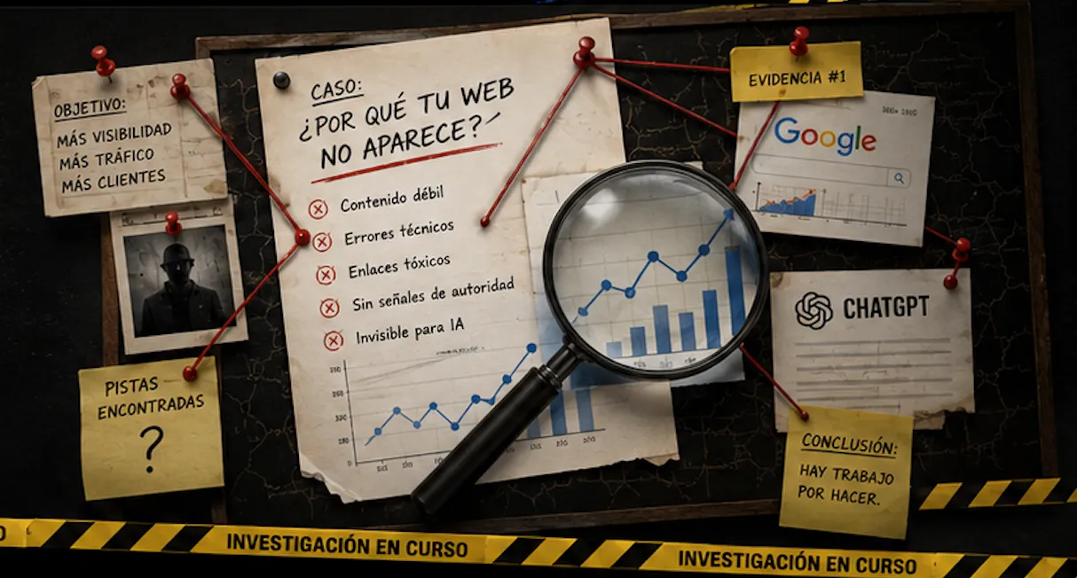 Tablón de investigación con notas de Google y ChatGPT, una lupa y fuentes conectadas que ilustra la visibilidad de una web en varios buscadores con IA